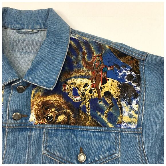 WRANGLER‎ Denim Jacket Mens Size 2XL Blue Indian Chief Native Hip Hop - Picture 3 of 8